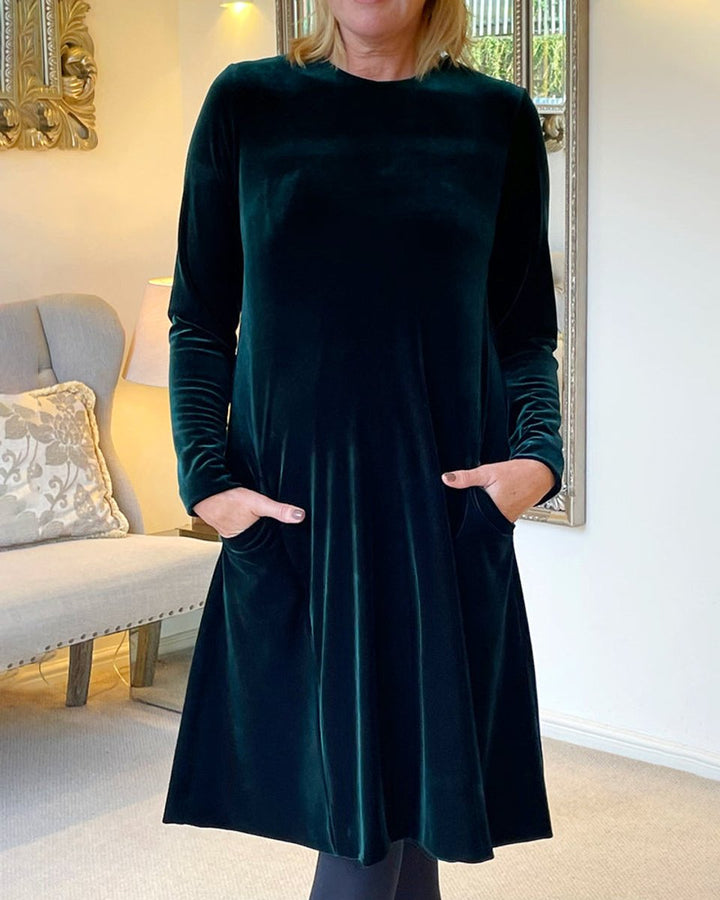 Women's Long-Sleeve A-Line Velvet Party Dress Pockets