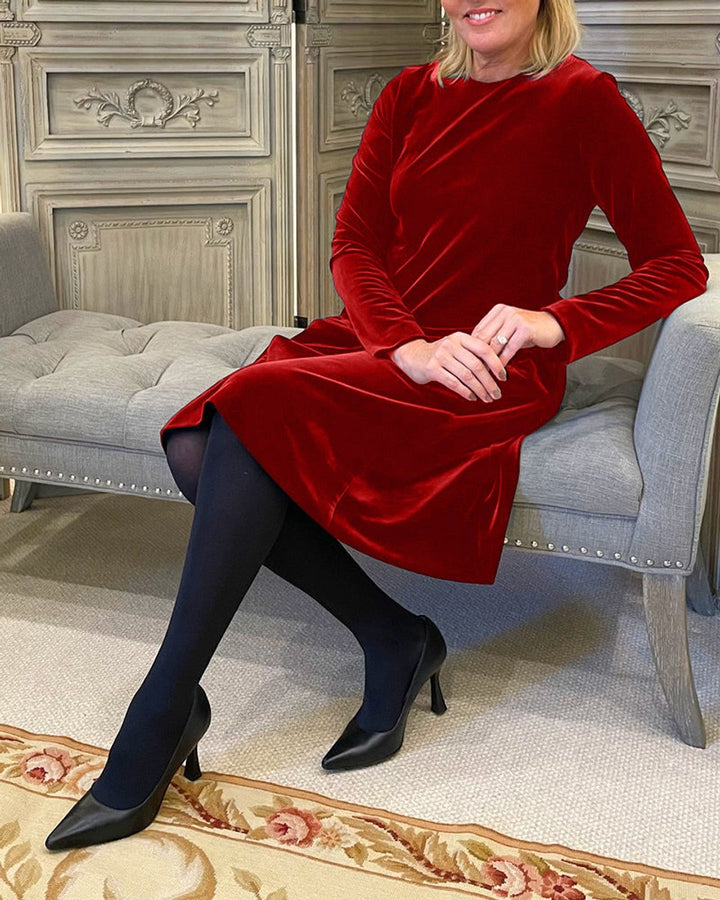Women's Long-Sleeve A-Line Velvet Party Dress Pockets - Red
