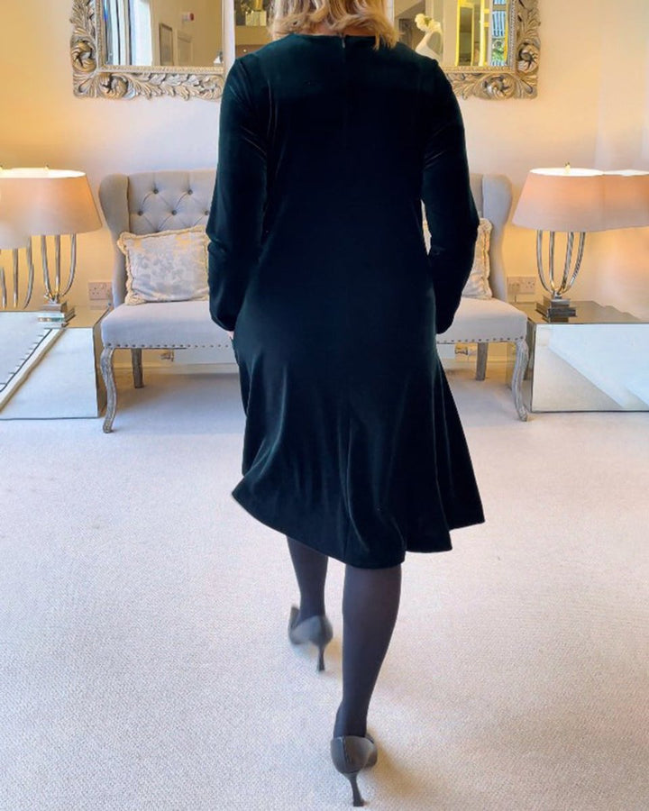 Women's Long-Sleeve A-Line Velvet Party Dress Pockets