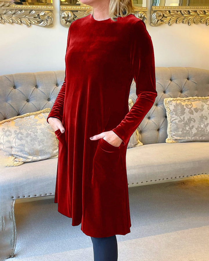 Women's Long-Sleeve A-Line Velvet Party Dress Pockets