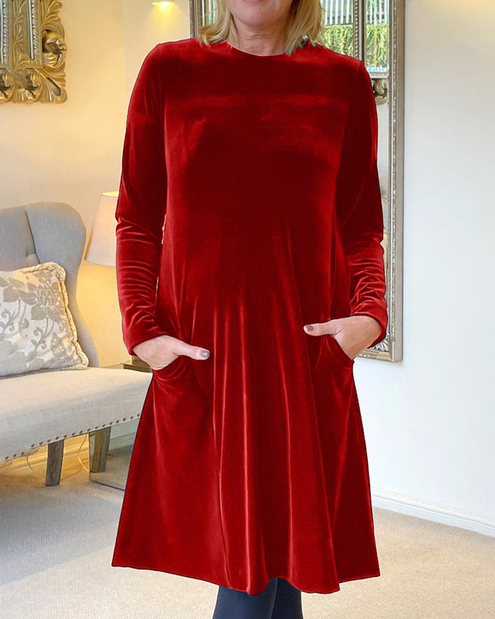 Women's Long-Sleeve A-Line Velvet Party Dress Pockets