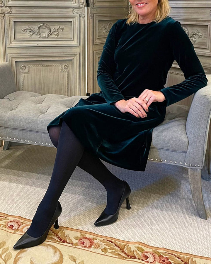 Women's Long-Sleeve A-Line Velvet Party Dress Pockets - Dark Green