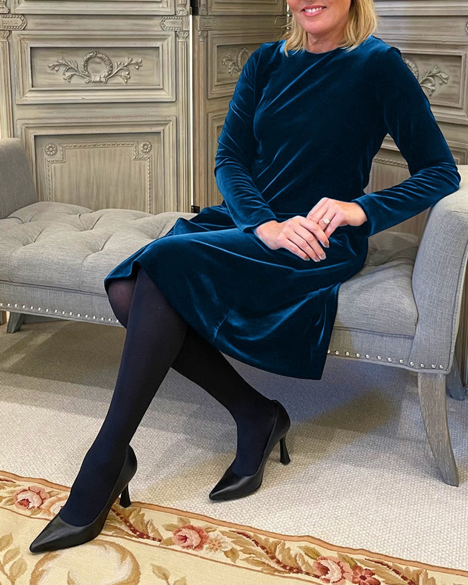 Women's Long-Sleeve A-Line Velvet Party Dress Pockets - Blue