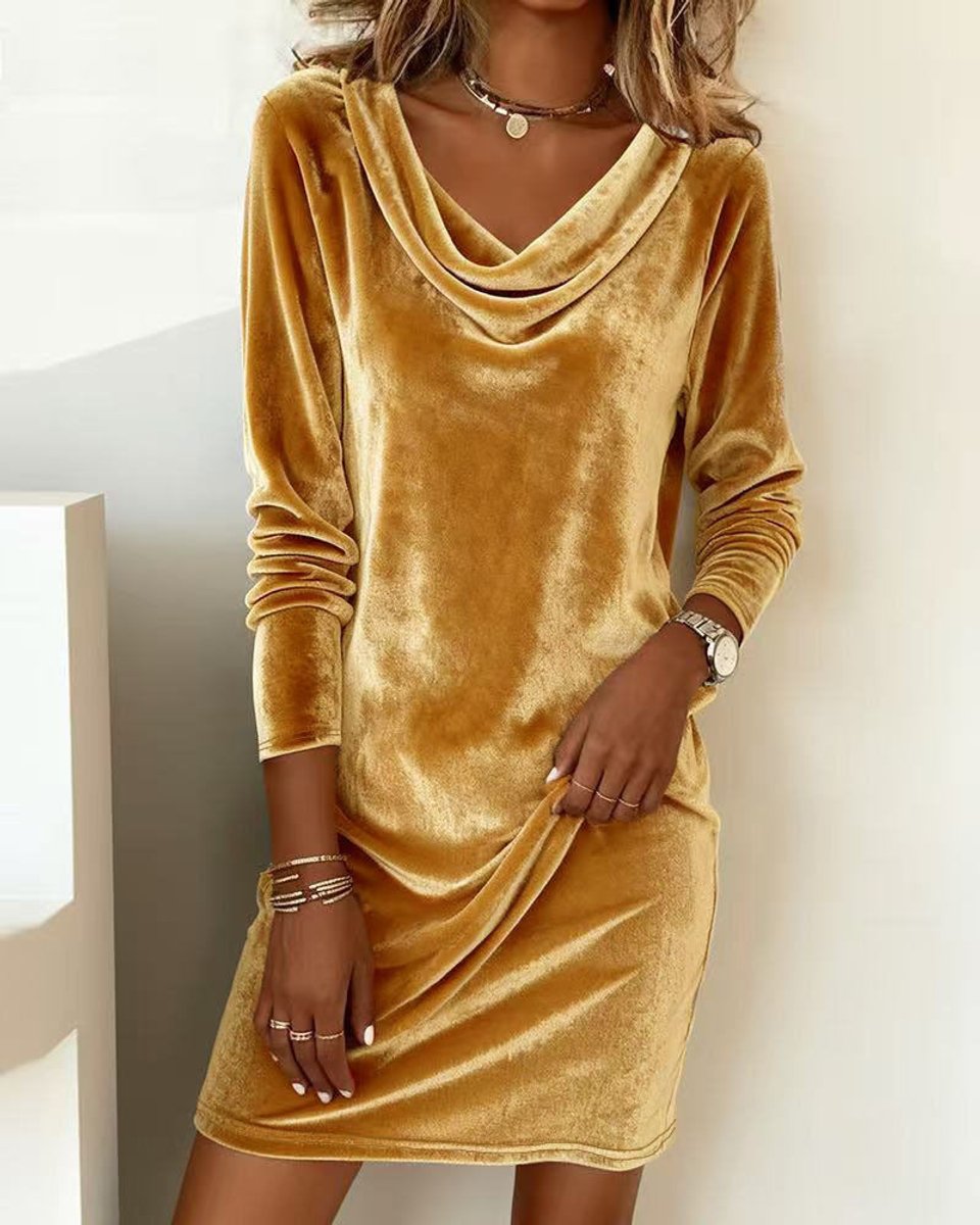 Women's Long-Sleeve Cowl-Neck Velvet Party Dress - Gold