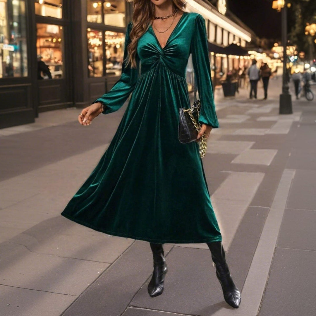 Women's Long-Sleeve Deep V-Neck Velvet Party Dress Midi