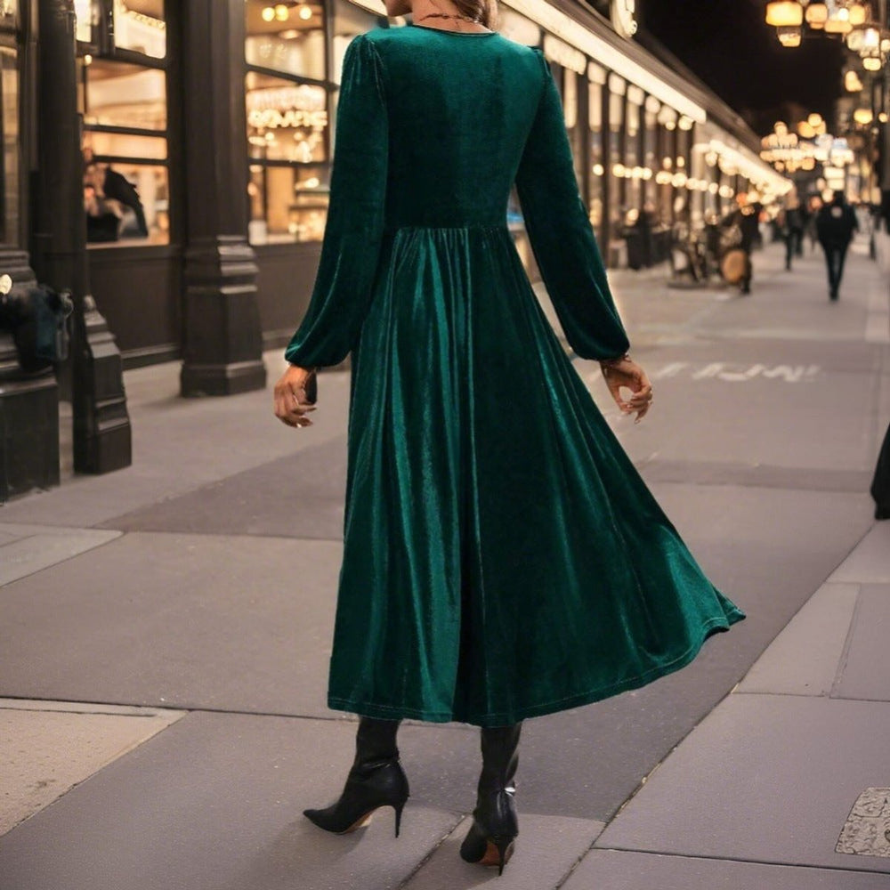 Women's Long-Sleeve Deep V-Neck Velvet Party Dress Midi