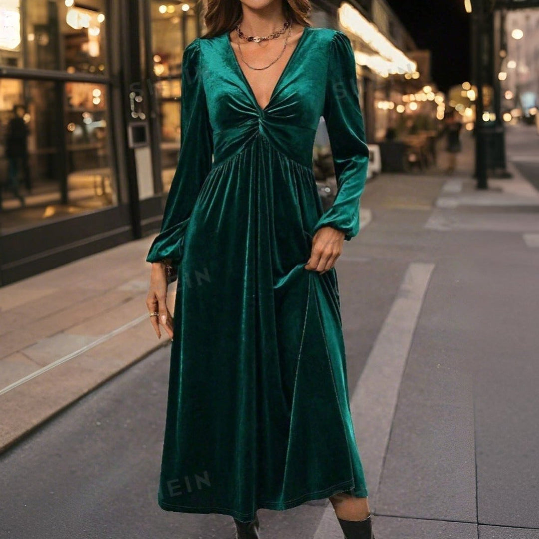 Women's Long-Sleeve Deep V-Neck Velvet Party Dress Midi