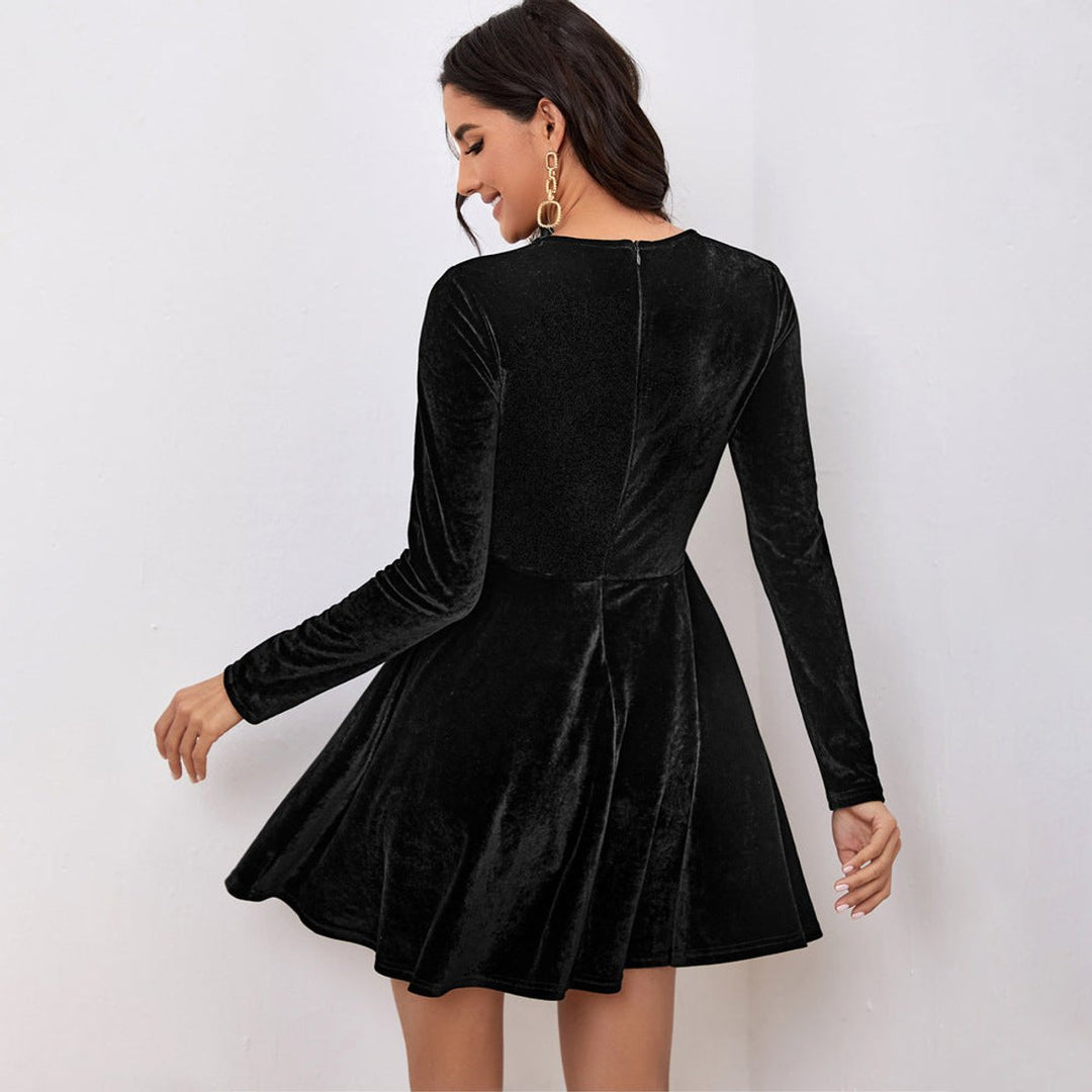 Women's Long-Sleeve Fit-and-Flare Velvet Party Dress