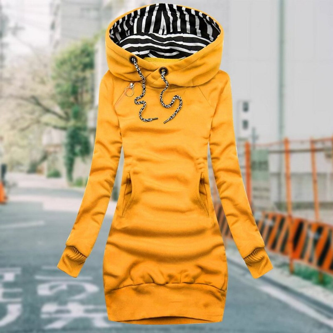 Women's Long-Sleeve Hooded Knitted Dress Striped Lined Drawstring
