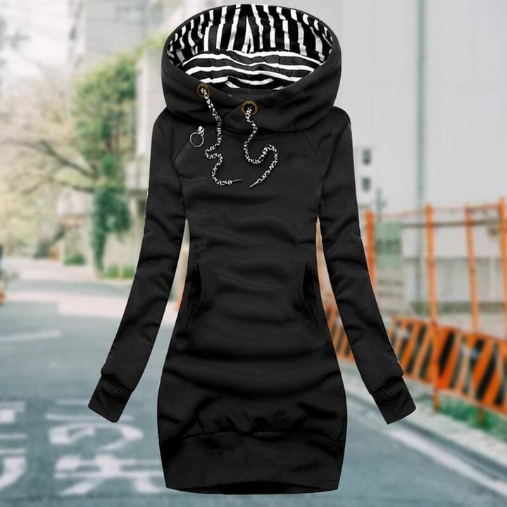 Women's Long-Sleeve Hooded Knitted Dress Striped Lined Drawstring