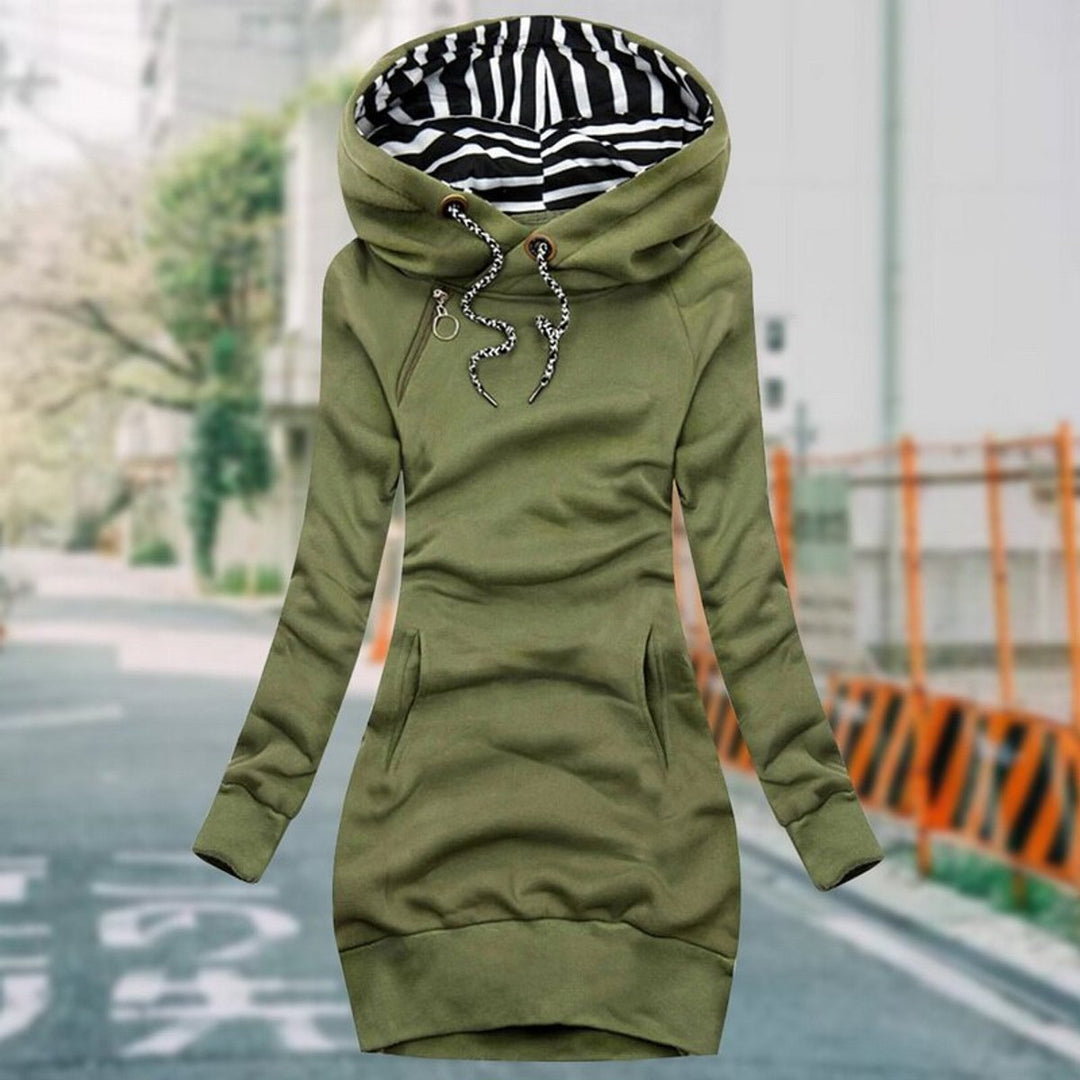 Women's Long-Sleeve Hooded Knitted Dress Striped Lined Drawstring