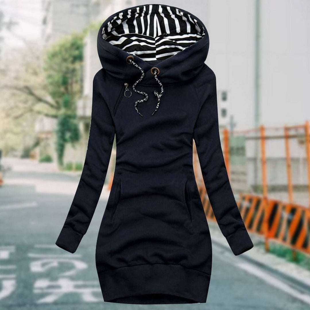 Women's Long-Sleeve Hooded Knitted Dress Striped Lined Drawstring