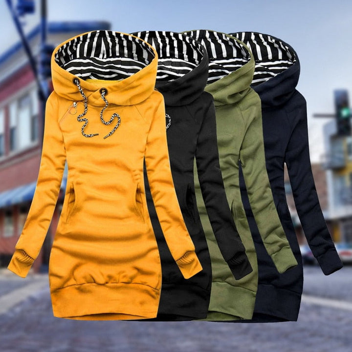 Women's Long-Sleeve Hooded Knitted Dress Striped Lined Drawstring
