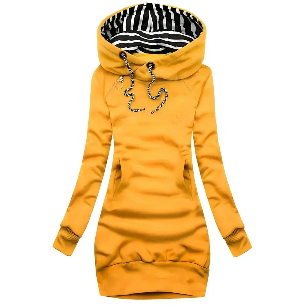 Women's Long-Sleeve Hooded Knitted Dress Striped Lined Drawstring