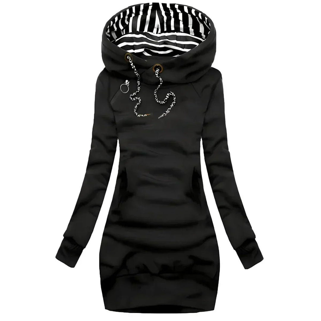 Women's Long-Sleeve Hooded Knitted Dress Striped Lined Drawstring