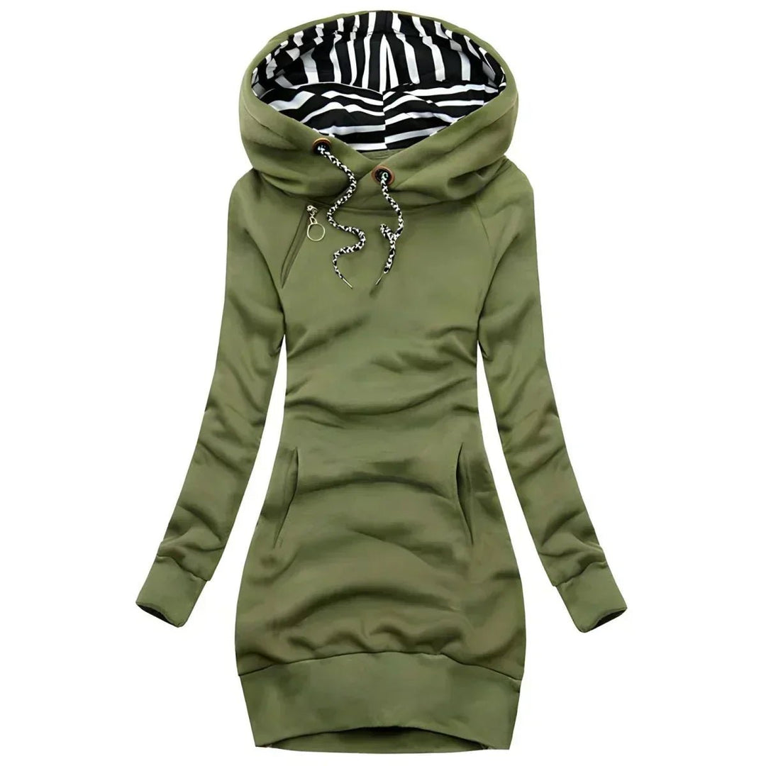 Women's Long-Sleeve Hooded Knitted Dress Striped Lined Drawstring