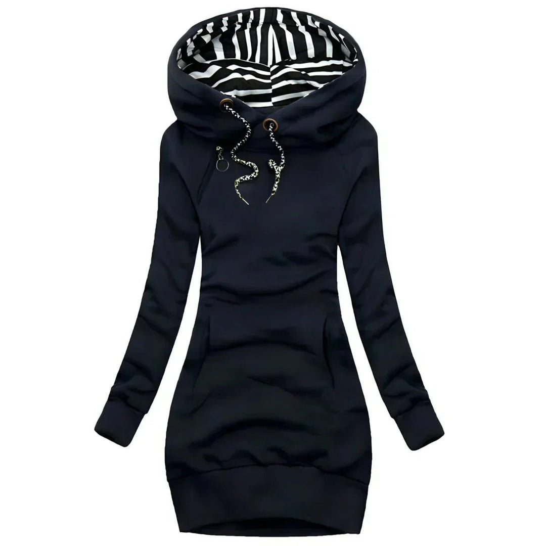 Women's Long-Sleeve Hooded Knitted Dress Striped Lined Drawstring
