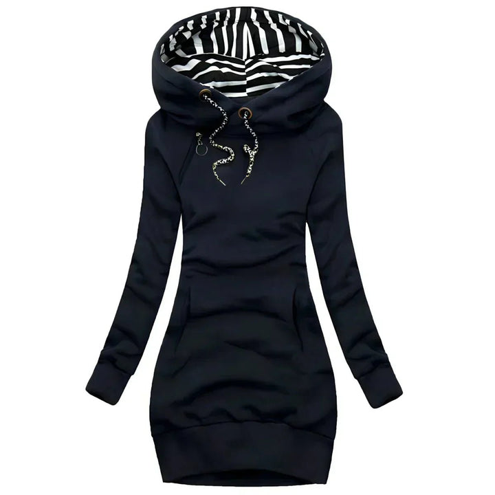 Women's Long-Sleeve Hooded Knitted Dress Striped Lined Drawstring