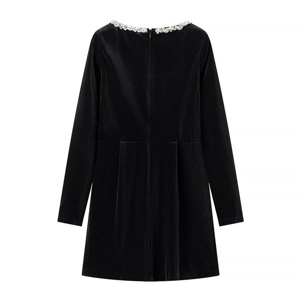 Women's Long-Sleeve Jewel-Trim Velvet Party Dress