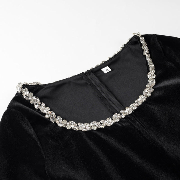 Women's Long-Sleeve Jewel-Trim Velvet Party Dress