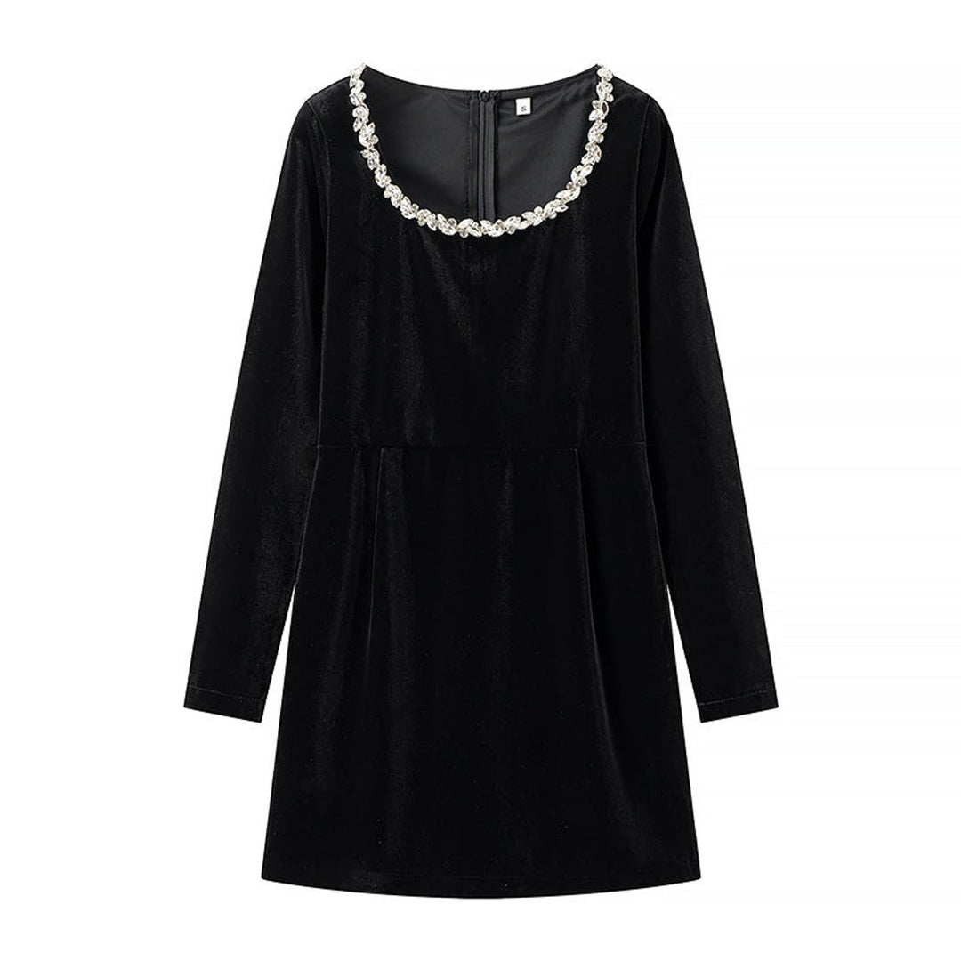 Women's Long-Sleeve Jewel-Trim Velvet Party Dress