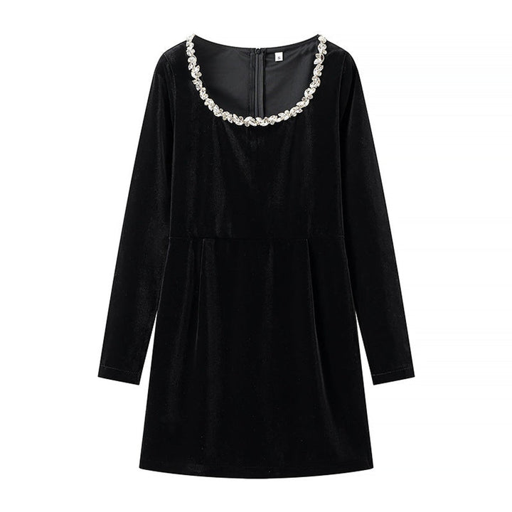 Women's Long-Sleeve Jewel-Trim Velvet Party Dress - Black