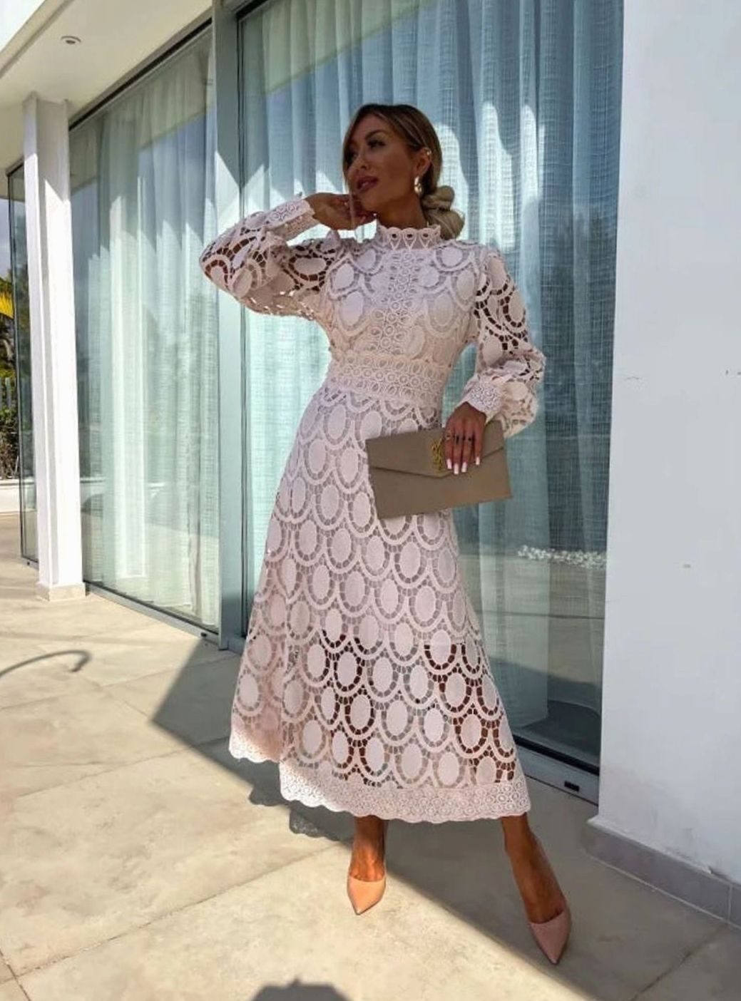 Women's Long-Sleeve Lace Midi Evening Dress