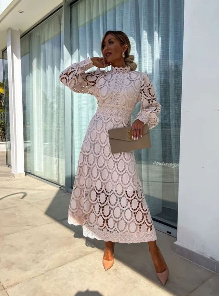 Women's Long-Sleeve Lace Midi Evening Dress