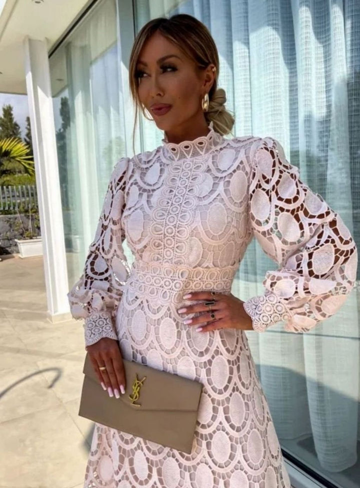 Women's Long-Sleeve Lace Midi Evening Dress