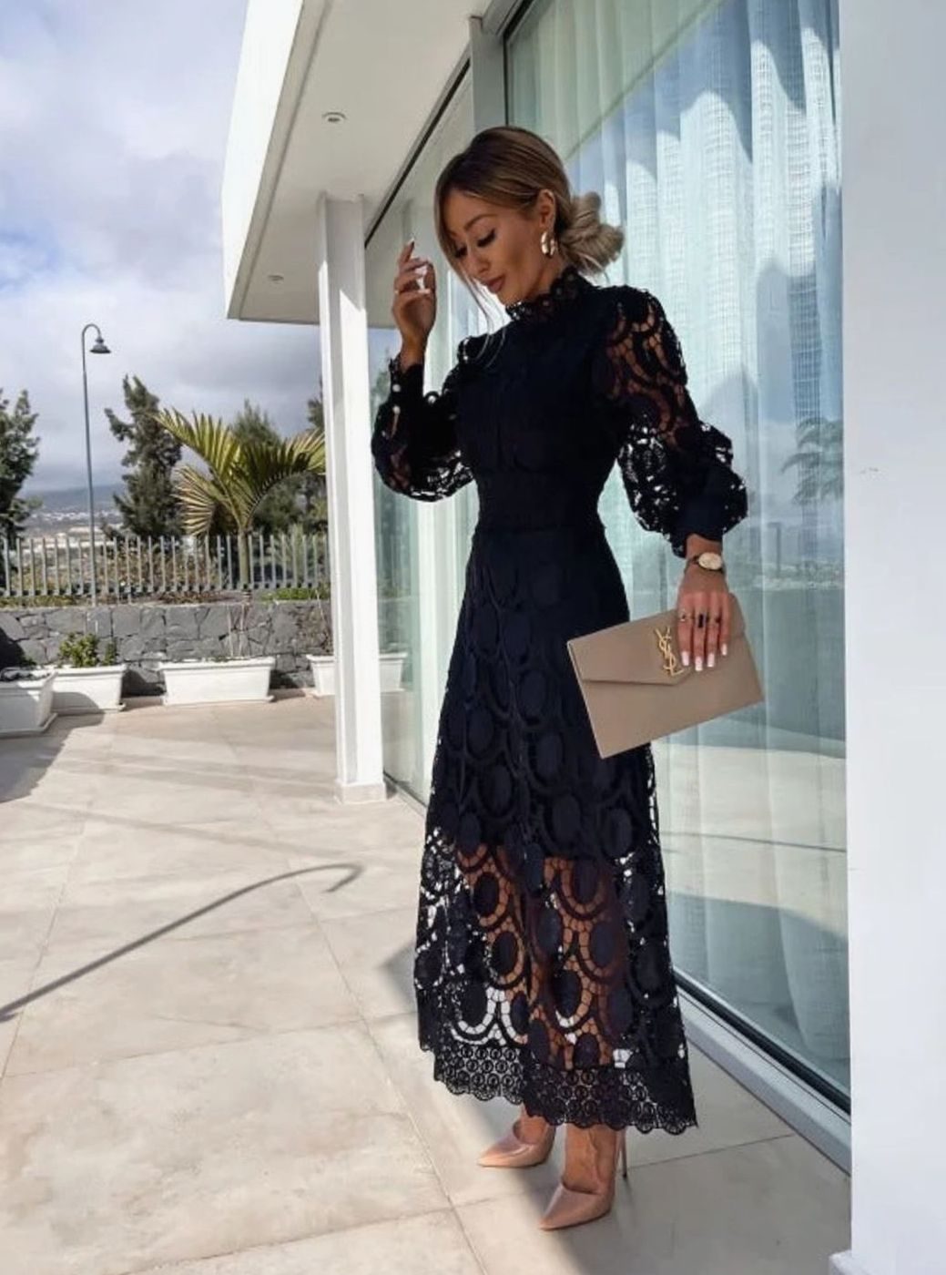 Women's Long-Sleeve Lace Midi Evening Dress