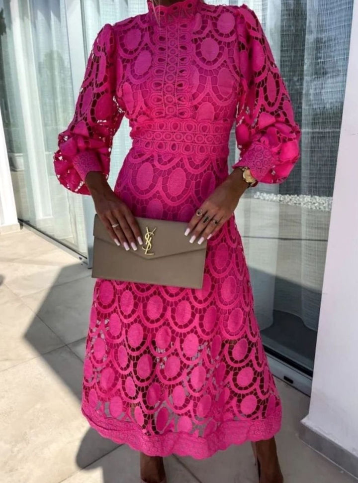 Women's Long-Sleeve Lace Midi Evening Dress