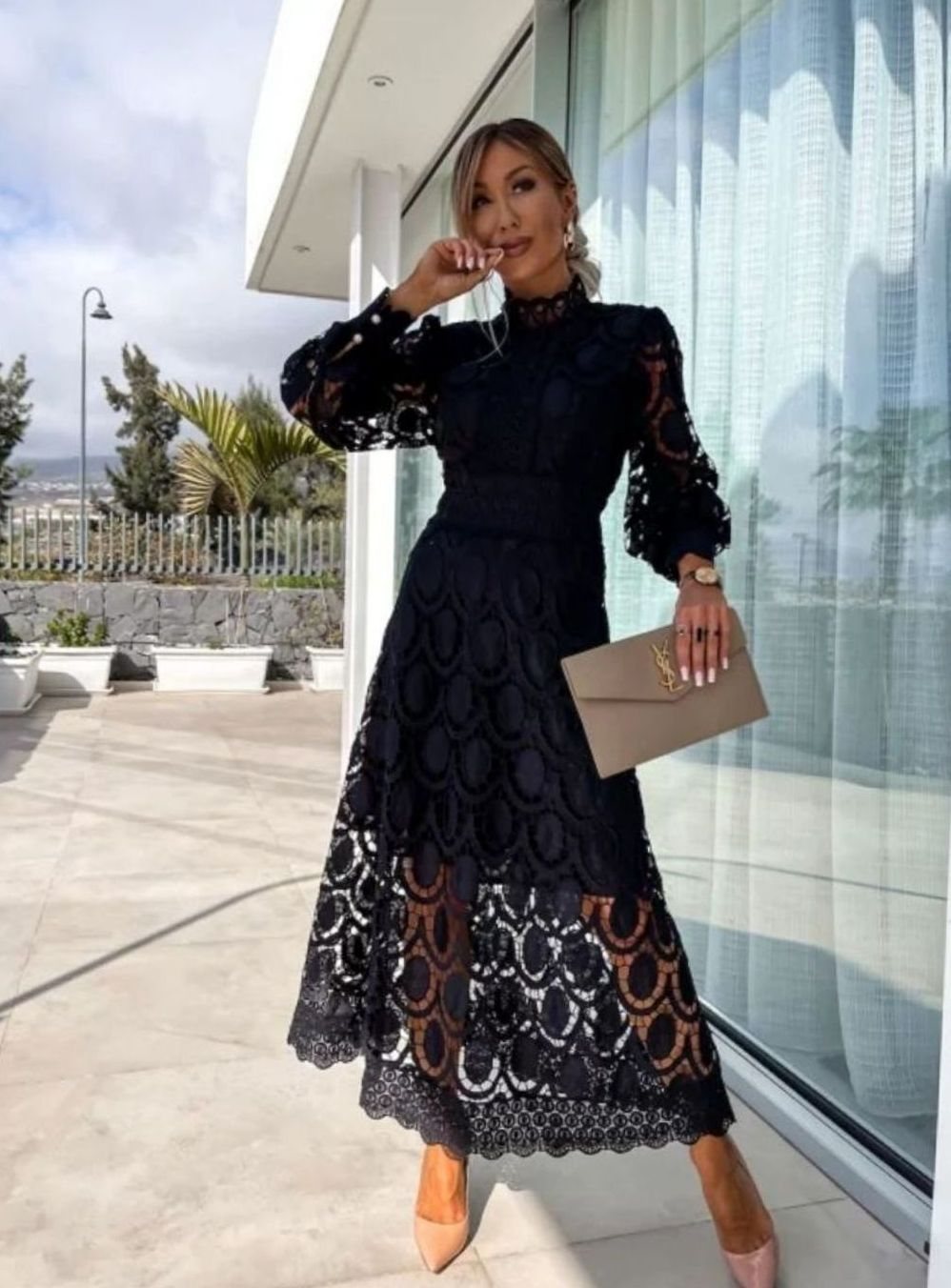 Women's Long-Sleeve Lace Midi Evening Dress