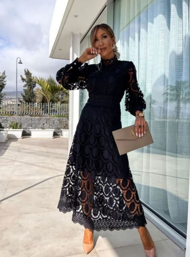 Women's Long-Sleeve Lace Midi Evening Dress