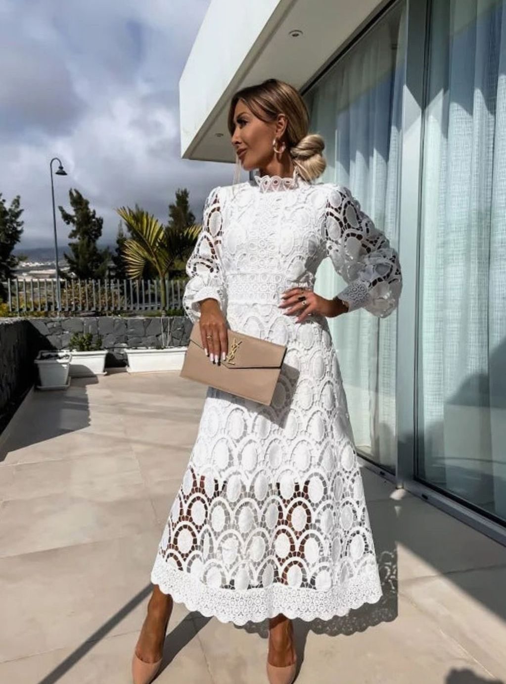Women's Long-Sleeve Lace Midi Evening Dress