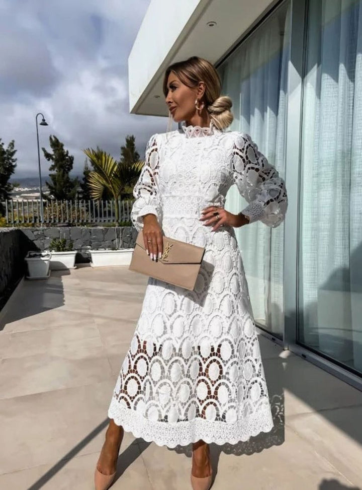 Women's Long-Sleeve Lace Midi Evening Dress