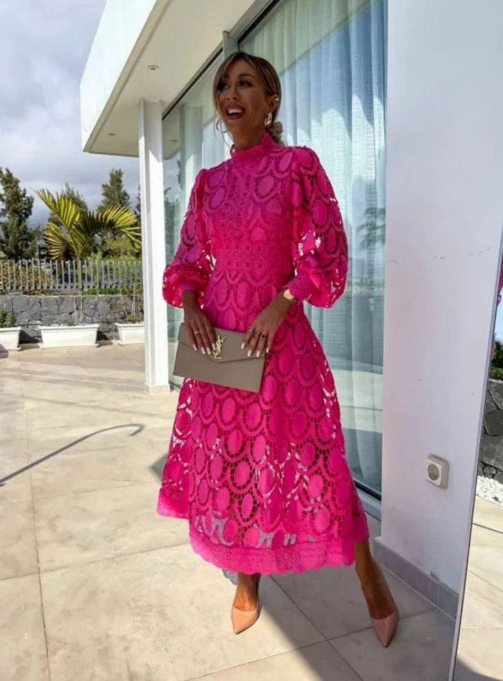 Women's Long-Sleeve Lace Midi Evening Dress