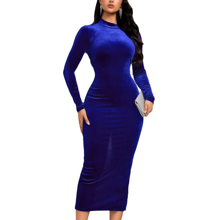 Women's Long-Sleeve Mock-Neck Velvet Party Dress Midi
