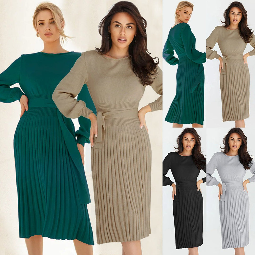 Women's Long-Sleeve Pleated Belted Midi Knitted Dress