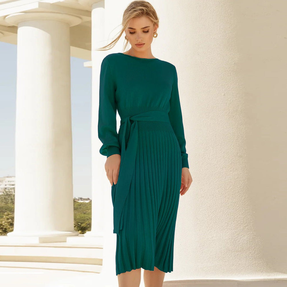 Women's Long-Sleeve Pleated Belted Midi Knitted Dress