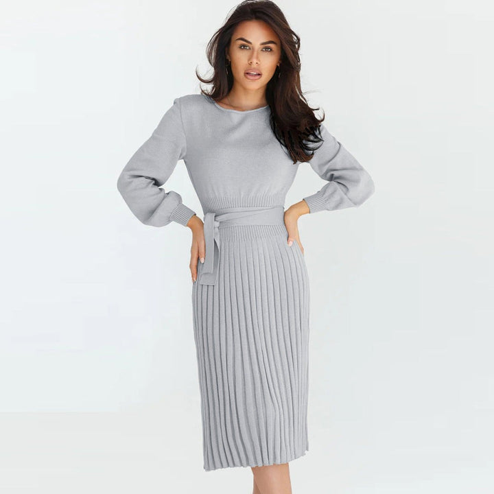 Women's Long-Sleeve Pleated Belted Midi Knitted Dress