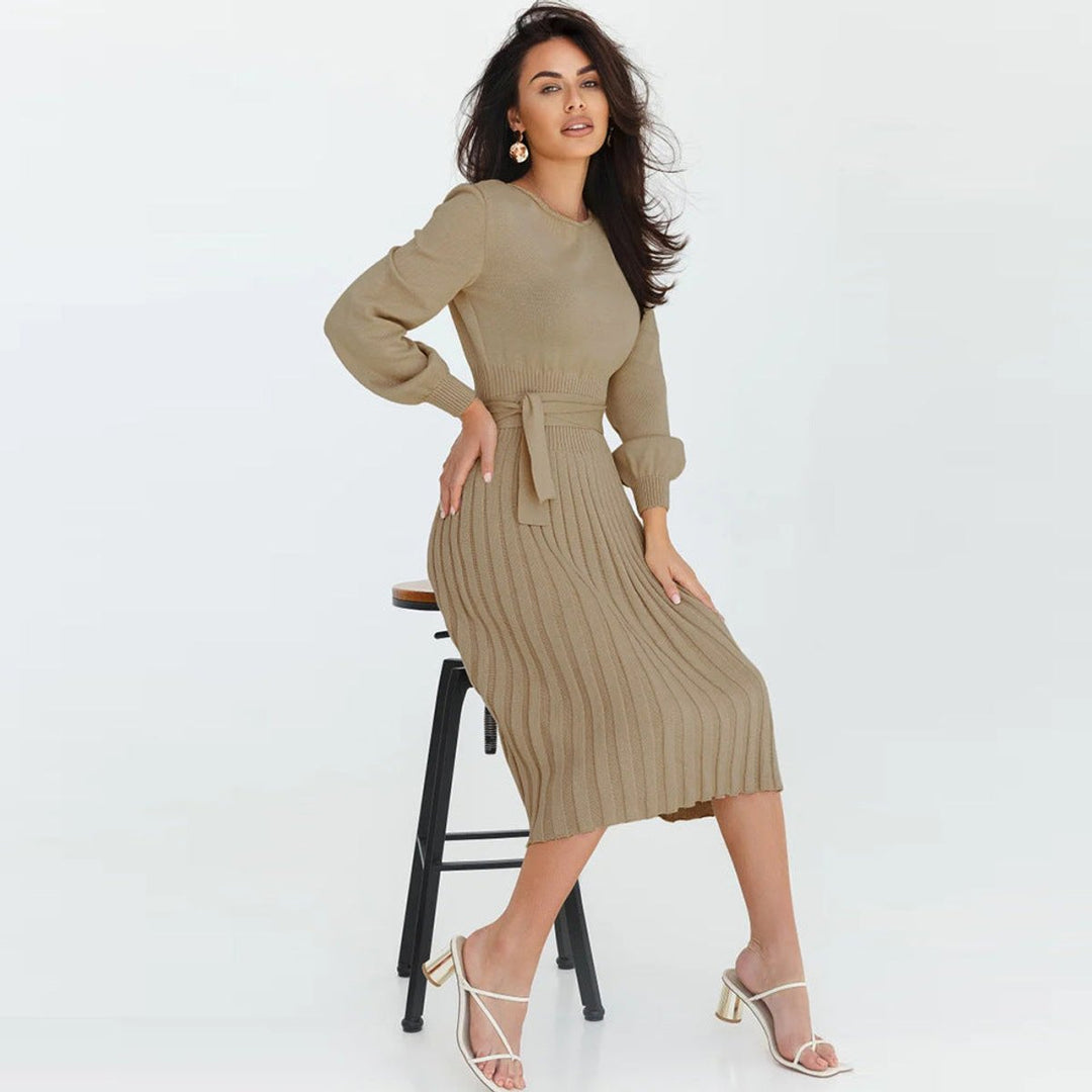 Women's Long-Sleeve Pleated Belted Midi Knitted Dress