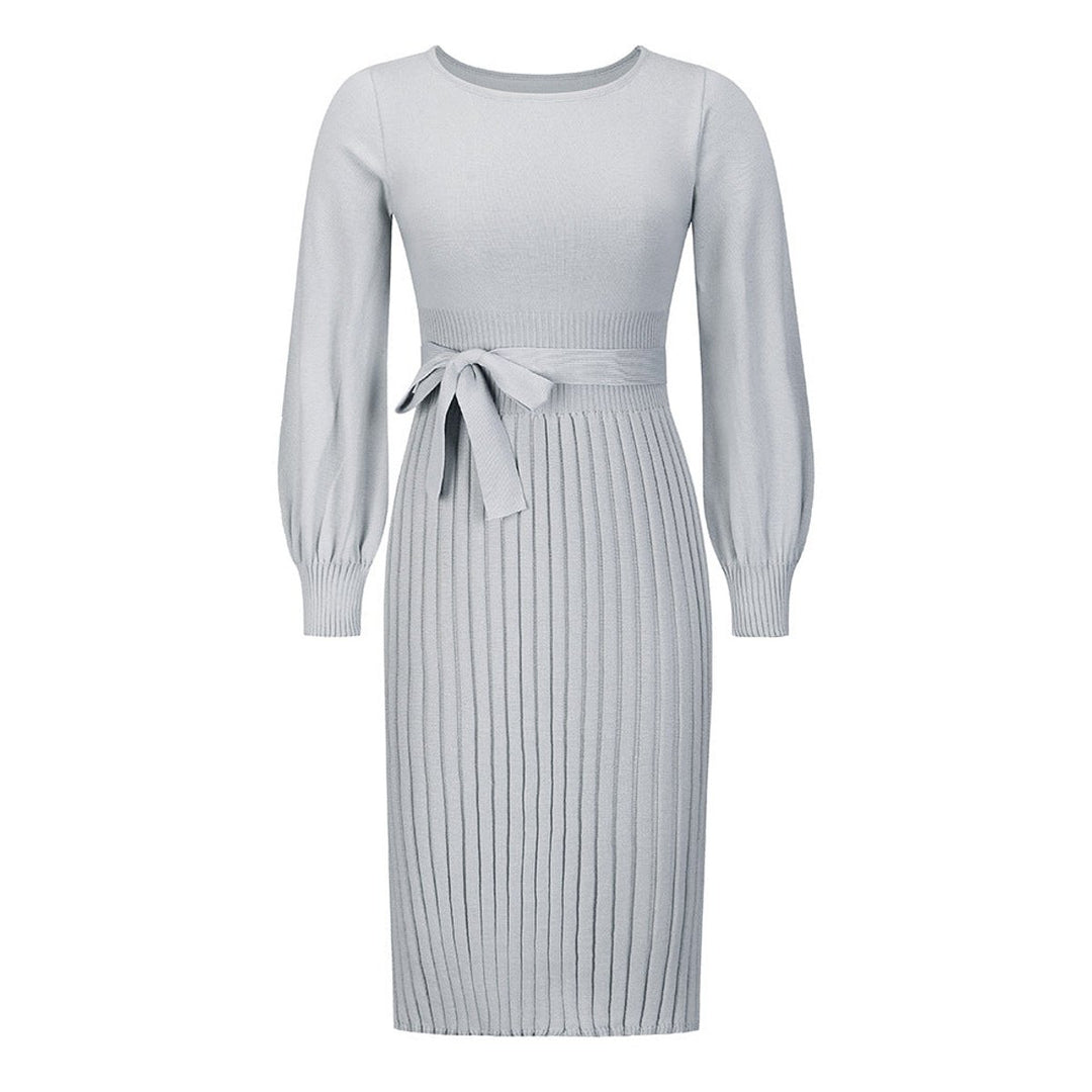 Women's Long-Sleeve Pleated Belted Midi Knitted Dress