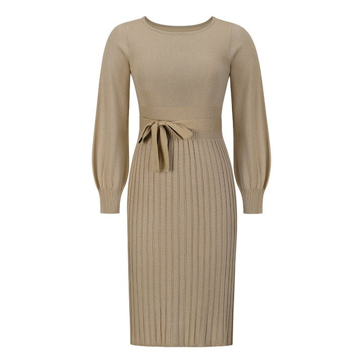 Women's Long-Sleeve Pleated Belted Midi Knitted Dress