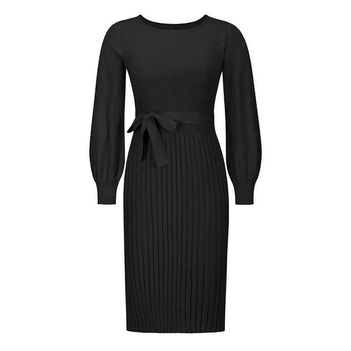 Women's Long-Sleeve Pleated Belted Midi Knitted Dress