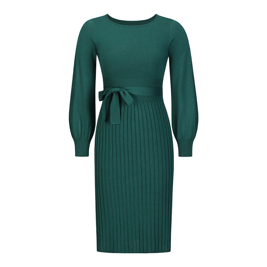 Women's Long-Sleeve Pleated Belted Midi Knitted Dress