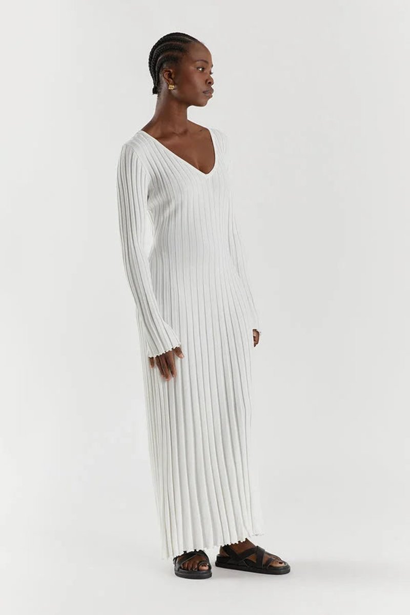 Women's Long-Sleeve Ribbed Knitted Dress V-Neck Maxi