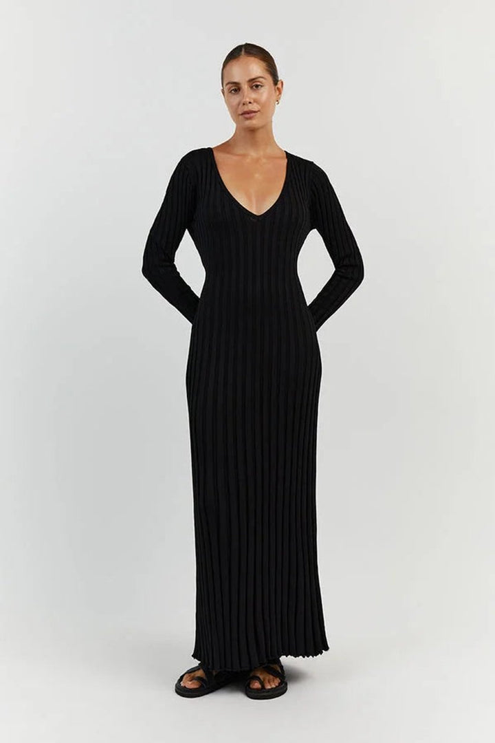 Women's Long-Sleeve Ribbed Knitted Dress V-Neck Maxi