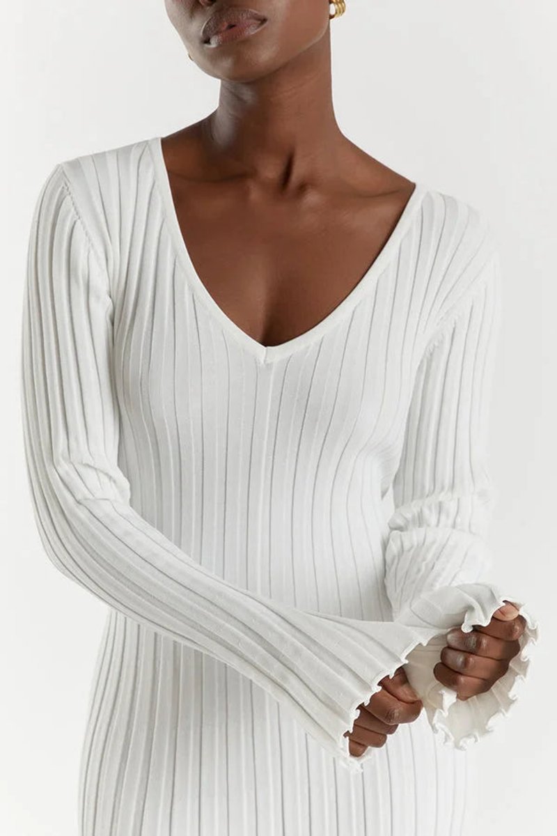 Women's Long-Sleeve Ribbed Knitted Dress V-Neck Maxi