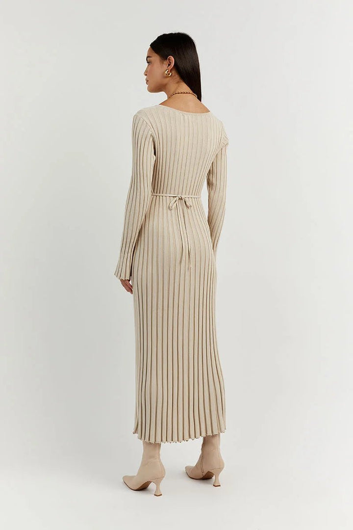 Women's Long-Sleeve Ribbed Knitted Dress V-Neck Maxi
