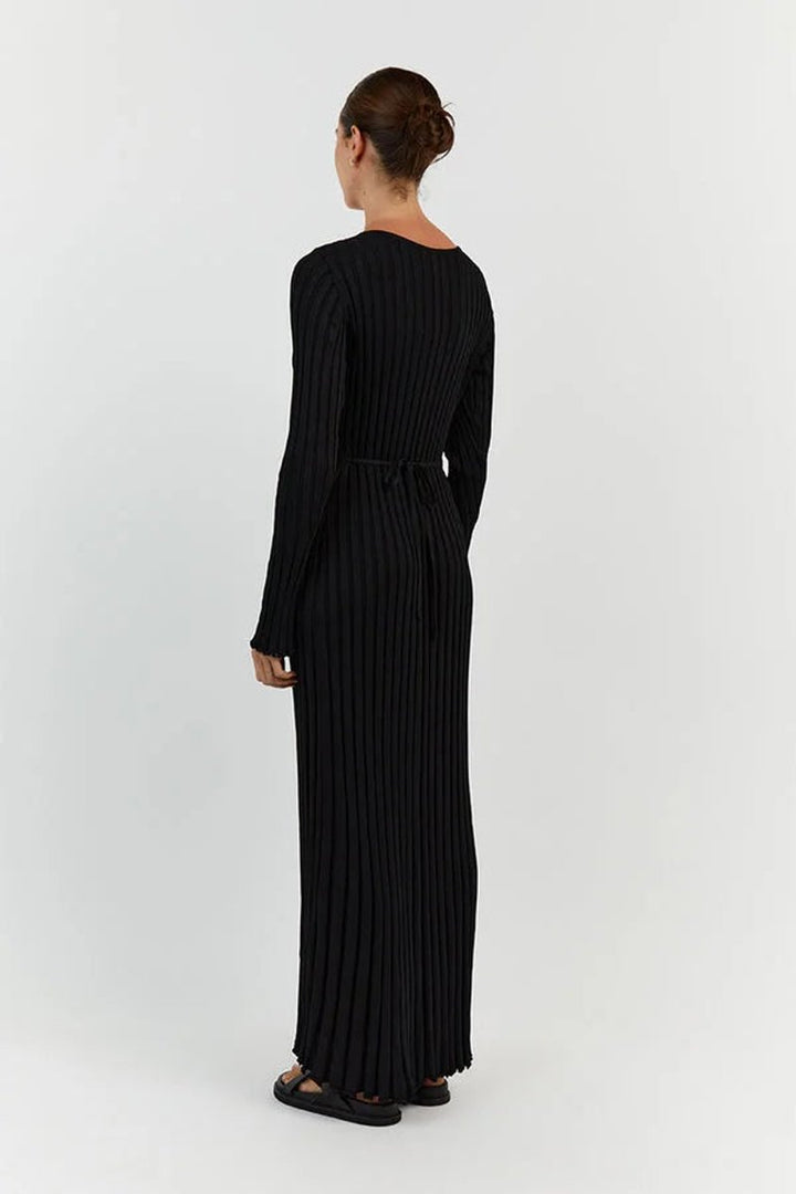 Women's Long-Sleeve Ribbed Knitted Dress V-Neck Maxi